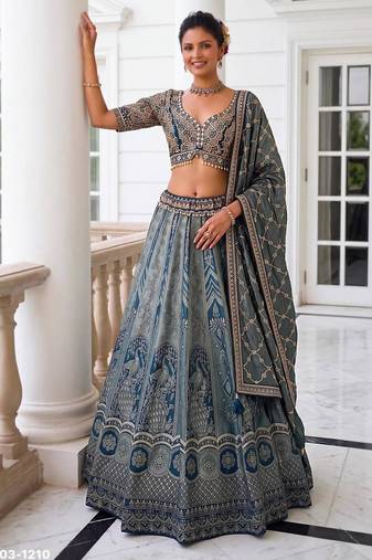 grey silk blend embroidered wedding lehenga choli