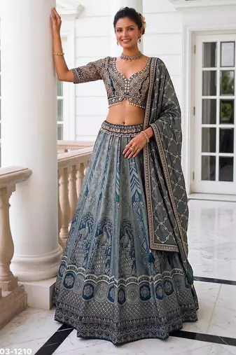grey silk blend embroidered wedding lehenga choli