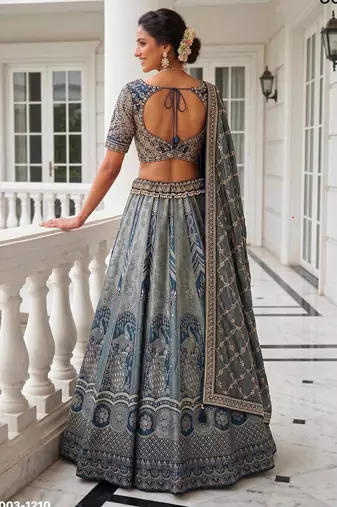 grey silk blend embroidered wedding lehenga choli