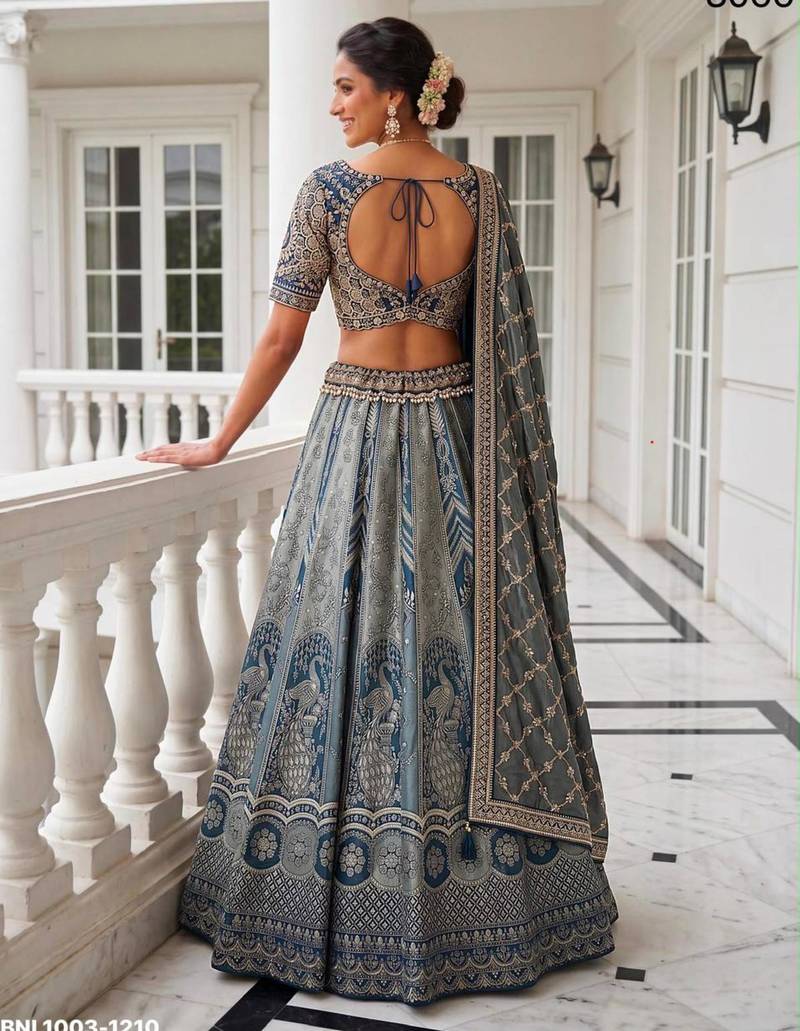 grey silk blend embroidered wedding lehenga choli