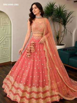 peach silk blend embroidered wedding lehenga choli 1