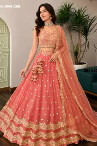 peach silk blend embroidered wedding lehenga choli