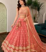 peach silk blend embroidered wedding lehenga choli