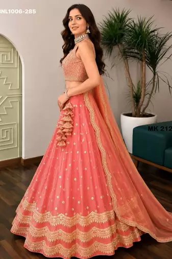 peach silk blend embroidered wedding lehenga choli