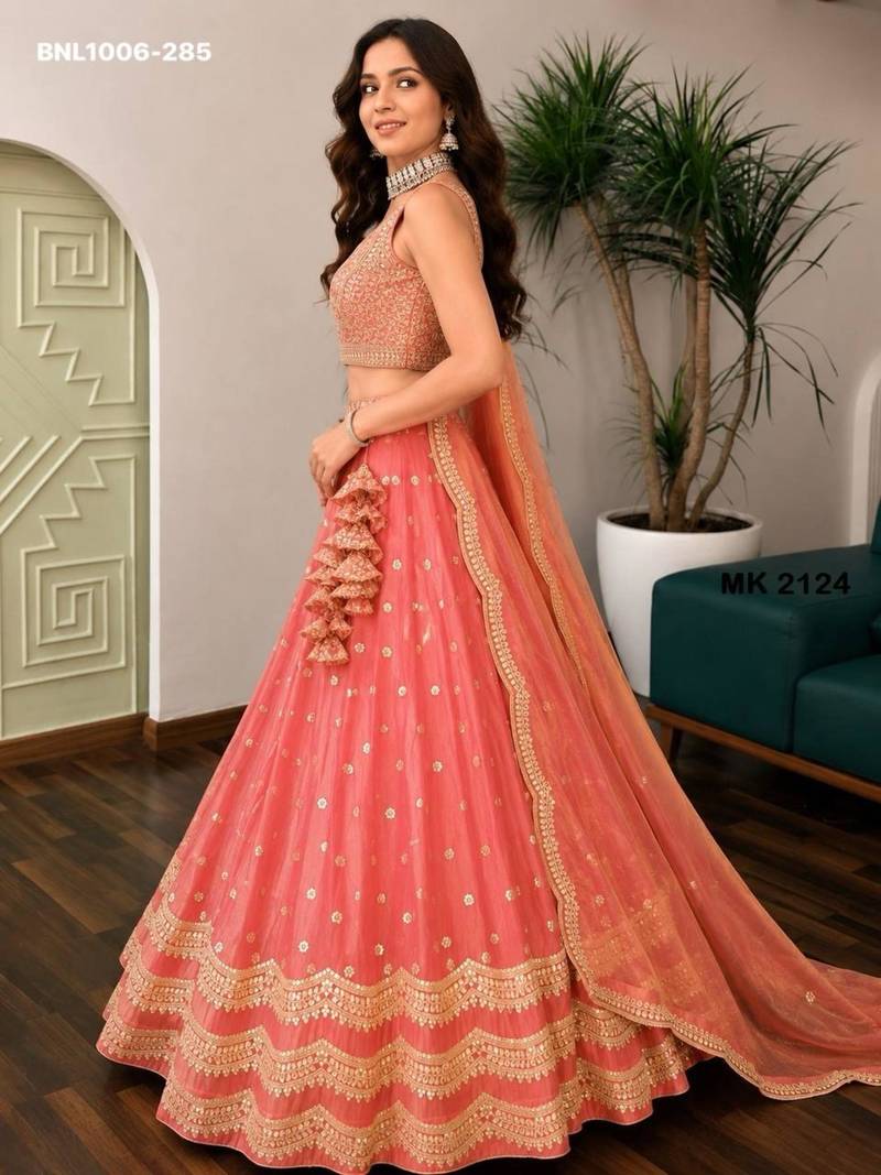 peach silk blend embroidered wedding lehenga choli