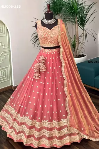 peach silk blend embroidered wedding lehenga choli