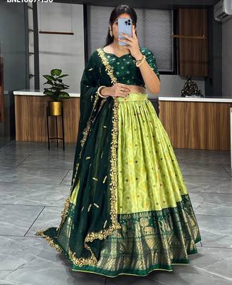 lime silk blend printed festival lehenga choli 1