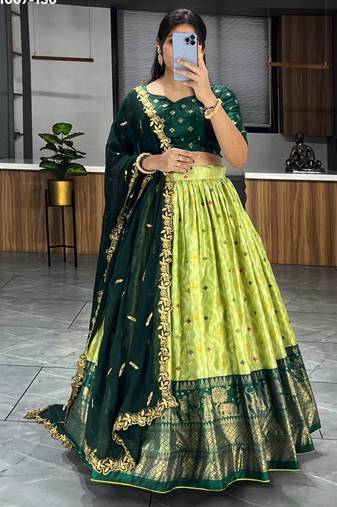 lime silk blend printed festival lehenga choli