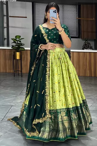 lime silk blend printed festival lehenga choli
