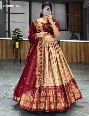 maroon silk blend printed festival lehenga choli 1