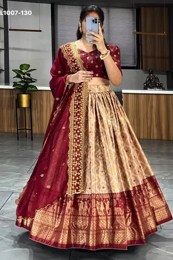 maroon silk blend printed festival lehenga choli