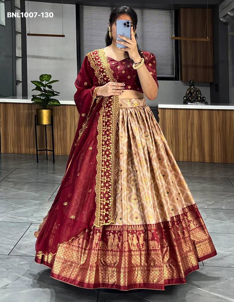 maroon silk blend printed festival lehenga choli