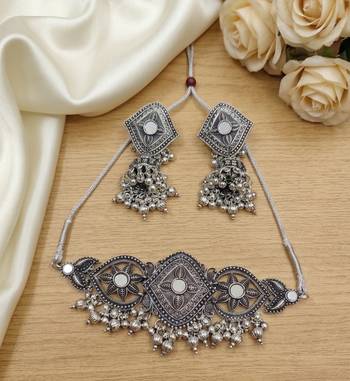 oxidized silver choker necklace set with mirror work & hanging jhumkas for women   ethnic festival indian jewelry 1