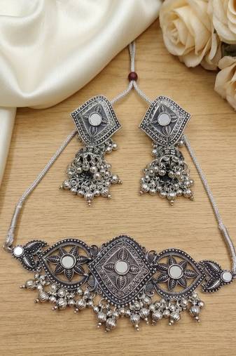 oxidized silver choker necklace set with mirror work & hanging jhumkas for women   ethnic festival indian jewelry