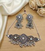 oxidized silver choker necklace set with mirror work & hanging jhumkas for women   ethnic festival indian jewelry