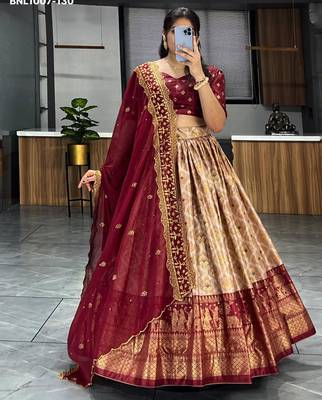 maroon silk blend printed festival lehenga choli 2