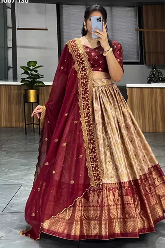 maroon silk blend printed festival lehenga choli