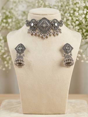 oxidized silver choker necklace set with mirror work & hanging jhumkas for women   ethnic festival indian jewelry 2