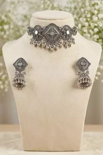 oxidized silver choker necklace set with mirror work & hanging jhumkas for women   ethnic festival indian jewelry