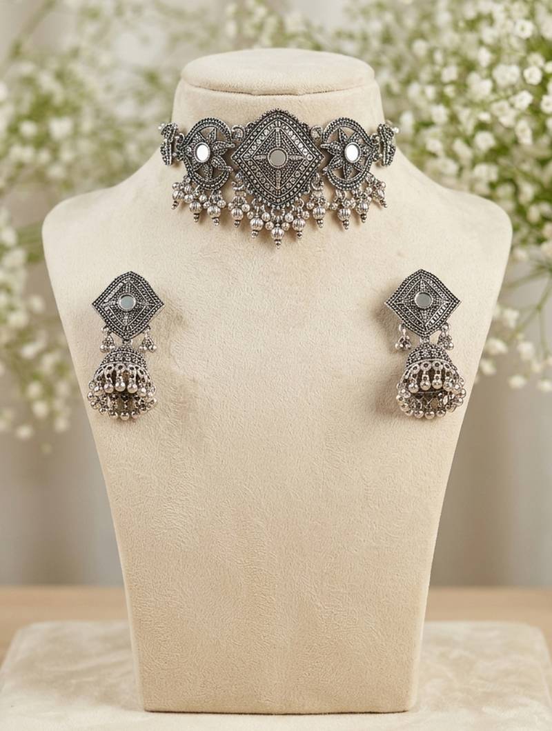 oxidized silver choker necklace set with mirror work & hanging jhumkas for women   ethnic festival indian jewelry