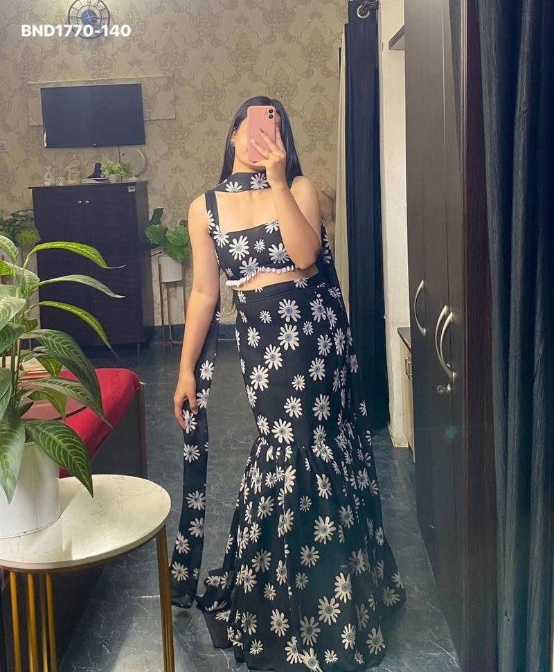 black georgette printed festival lehenga choli
