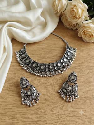 oxidized silver mirror work choker necklace set with earrings for navratri & weddings 1