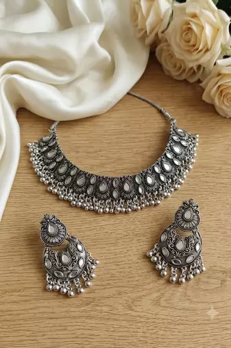 oxidized silver mirror work choker necklace set with earrings for navratri & weddings