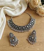 oxidized silver mirror work choker necklace set with earrings for navratri & weddings