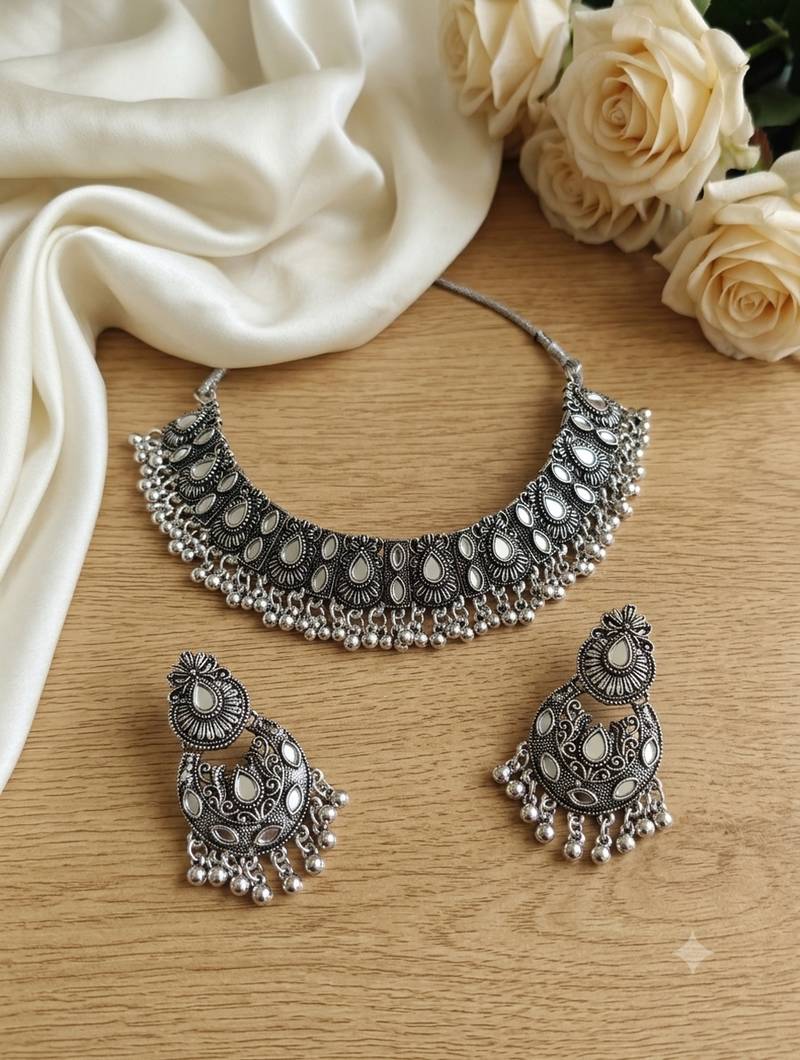 oxidized silver mirror work choker necklace set with earrings for navratri & weddings