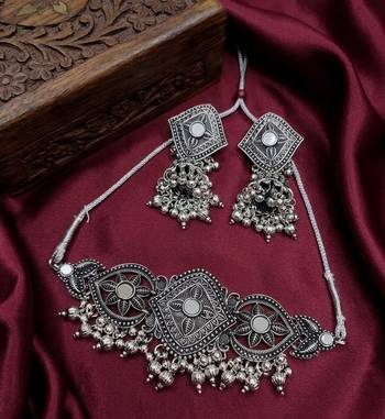 oxidized silver choker necklace set with mirror work & hanging jhumkas for women   ethnic festival indian jewelry 3