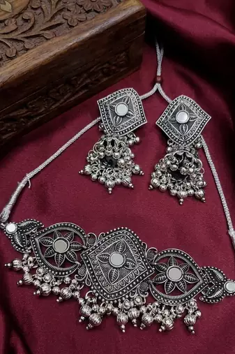 oxidized silver choker necklace set with mirror work & hanging jhumkas for women   ethnic festival indian jewelry