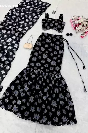 black georgette printed festival lehenga choli