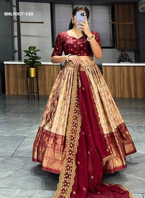 maroon silk blend printed festival lehenga choli 3