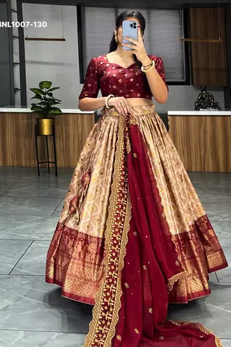 maroon silk blend printed festival lehenga choli
