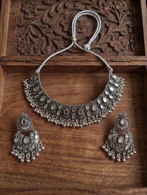 oxidized silver mirror work choker necklace set with earrings for navratri & weddings 2
