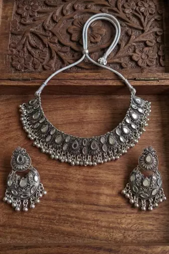 oxidized silver mirror work choker necklace set with earrings for navratri & weddings