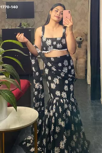 black georgette printed festival lehenga choli