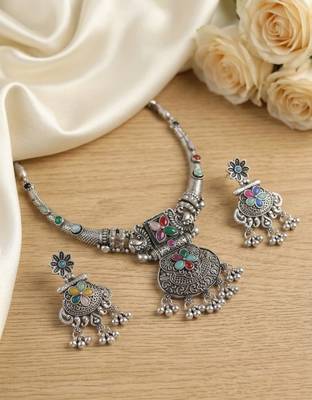 antique oxidized silver multicolor choker necklace & earrings set   indian ethnic tribal festive jewelry 1