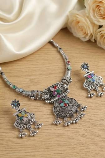 antique oxidized silver multicolor choker necklace & earrings set   indian ethnic tribal festive jewelry