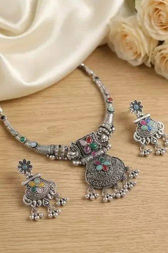 antique oxidized silver multicolor choker necklace & earrings set   indian ethnic tribal festive jewelry