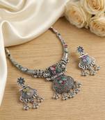 antique oxidized silver multicolor choker necklace & earrings set   indian ethnic tribal festive jewelry