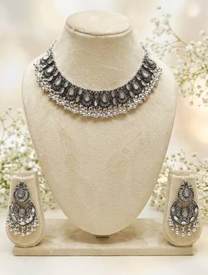oxidized silver mirror work choker necklace set with earrings for navratri & weddings 3