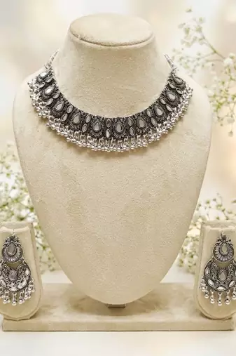 oxidized silver mirror work choker necklace set with earrings for navratri & weddings