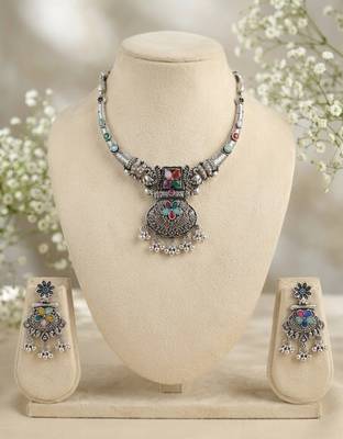 antique oxidized silver multicolor choker necklace & earrings set   indian ethnic tribal festive jewelry 2