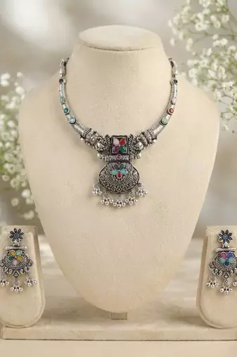 antique oxidized silver multicolor choker necklace & earrings set   indian ethnic tribal festive jewelry