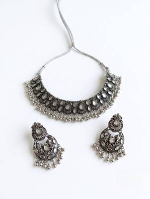 oxidized silver mirror work choker necklace set with earrings for navratri & weddings 4