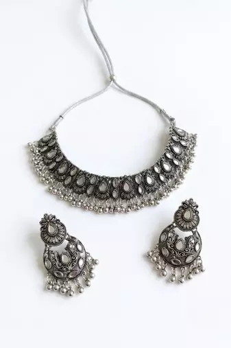 oxidized silver mirror work choker necklace set with earrings for navratri & weddings