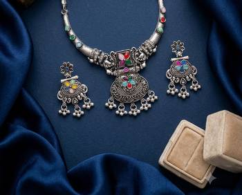 antique oxidized silver multicolor choker necklace & earrings set   indian ethnic tribal festive jewelry 3