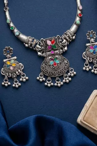 antique oxidized silver multicolor choker necklace & earrings set   indian ethnic tribal festive jewelry