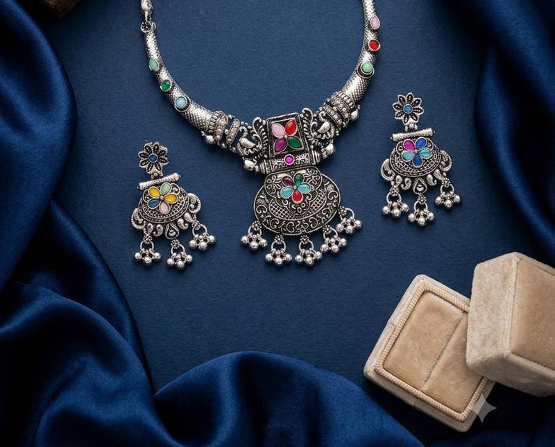 antique oxidized silver multicolor choker necklace & earrings set   indian ethnic tribal festive jewelry